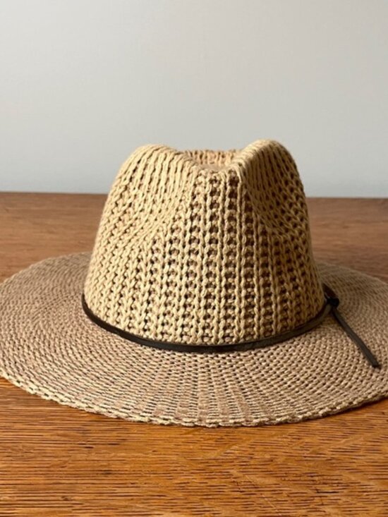 C.C Fedora Knitted Hat - Natural Beige with Dark leather Band. Adjustable - Picture 2 of 8